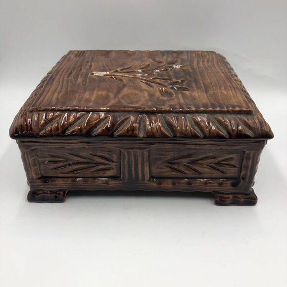 Vintage Mid Century 1970s Pottery Ceramic Brown Square Box With Lid Wood Look - Picture 5 of 13